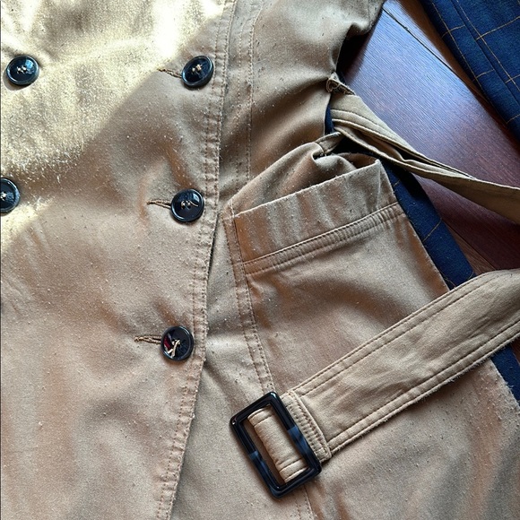 Anthropologie // Harlyn Tan Double-Breasted Trench Coat with Navy Plaid Detail - Picture 7 of 16